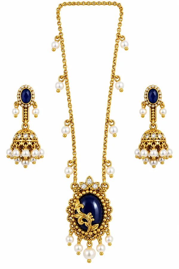 Gold-Finish_Blue_Stone_&_Pearl_Necklace_Set