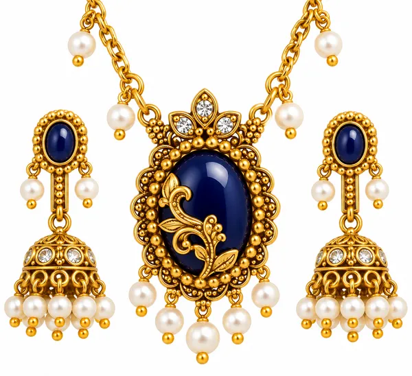 Gold-Finish_Blue_Stone_&_Pearl_Necklace_Set