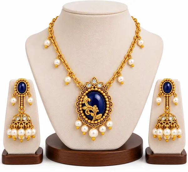 Gold-Finish_Blue_Stone_&_Pearl_Necklace_Set