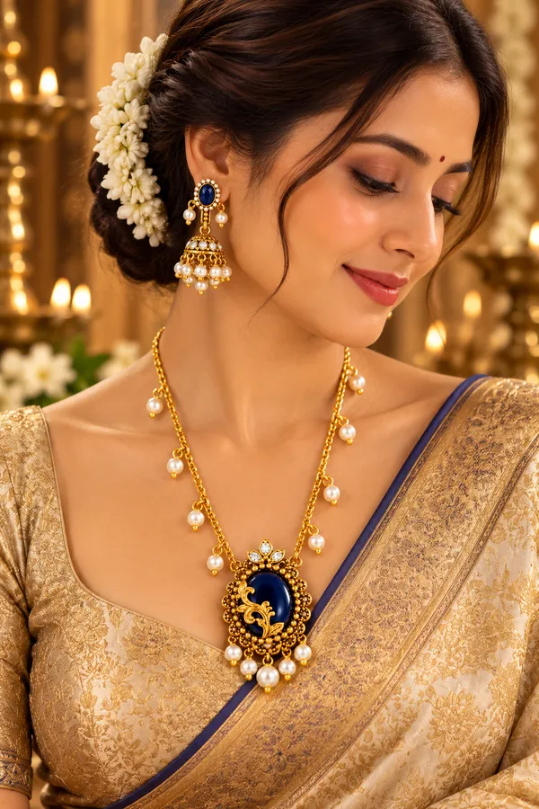 Gold-Finish_Blue_Stone_&_Pearl_Necklace_Set