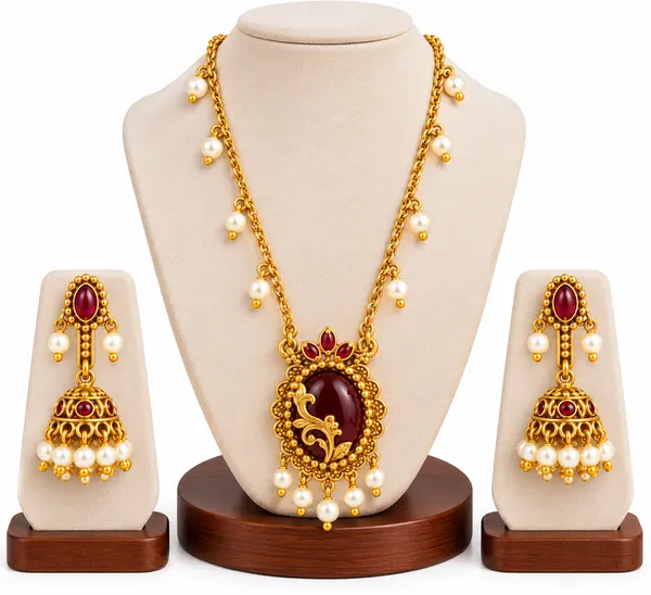 Gold-Finish_Red_Stone_&_Pearl_Necklace_Set