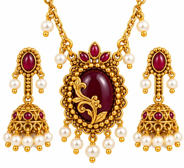 Gold-Finish_Red_Stone_&_Pearl_Necklace_Set