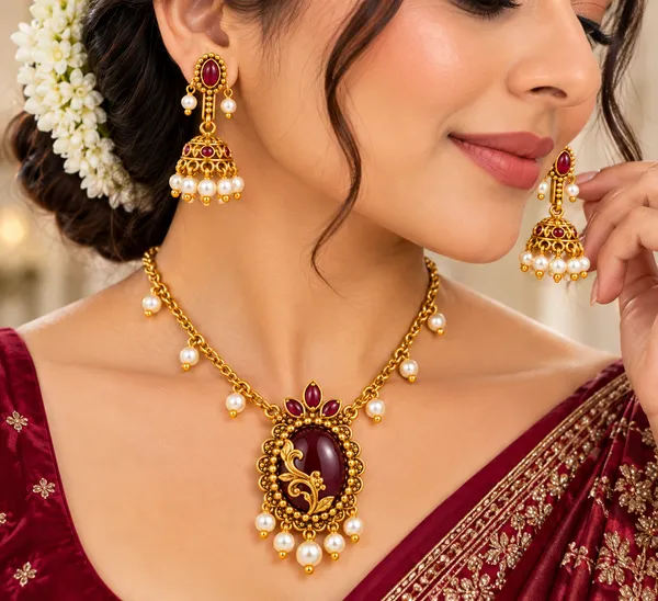 Gold-Finish_Red_Stone_&_Pearl_Necklace_Set