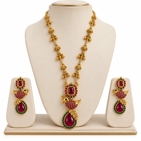 Gold-Finish_Ruby_&_Green_Stone_Designer_Necklace_Set