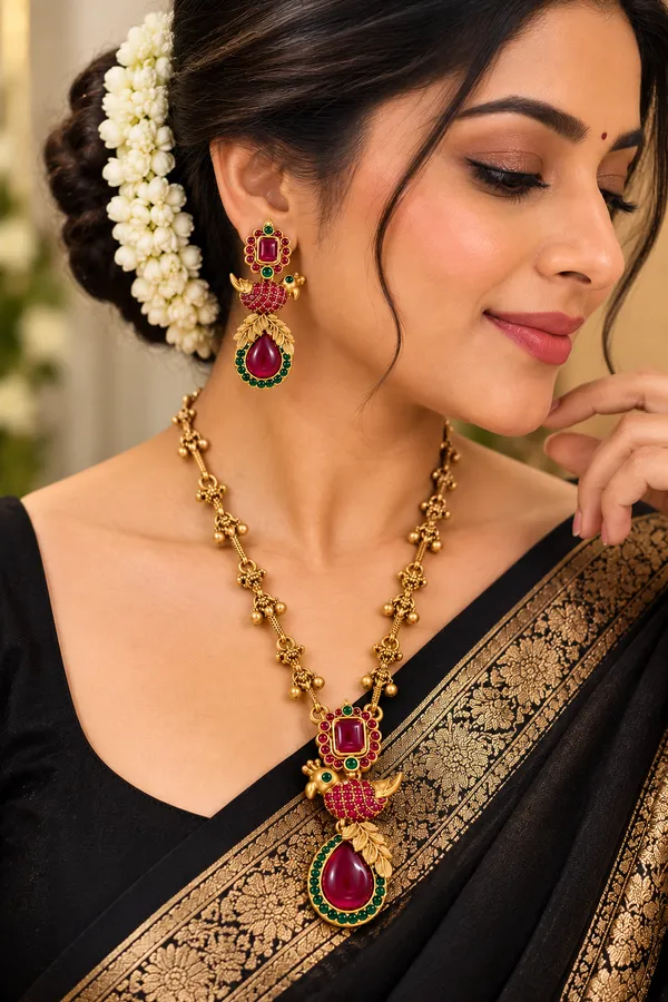 Gold-Finish_Ruby_&_Green_Stone_Designer_Necklace_Set