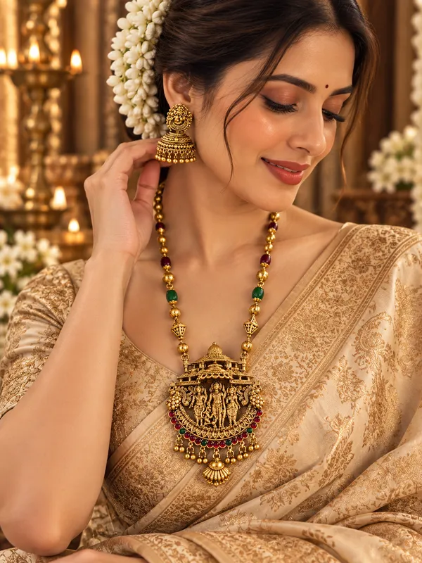 Gold-Finish_Temple_Jewellery_Necklace_Set_with_Green_&_Maroon_Beads