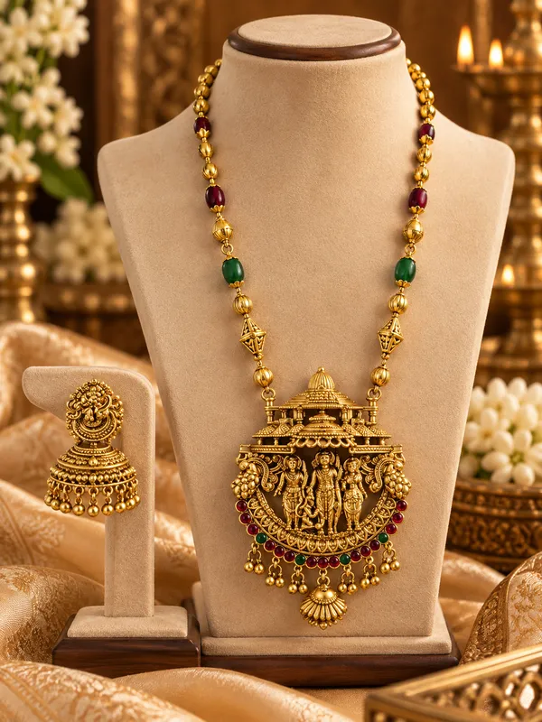 Gold-Finish_Temple_Jewellery_Necklace_Set_with_Green_&_Maroon_Beads
