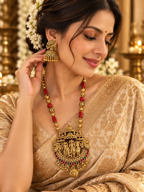 Gold-Finish_Temple_Jewellery_Necklace_Set_with_Red_Beads