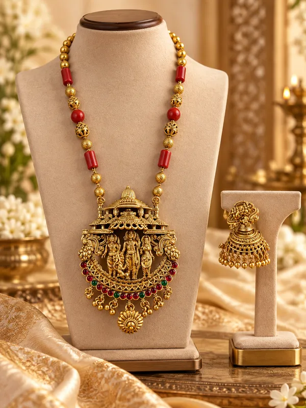 Gold-Finish_Temple_Jewellery_Necklace_Set_with_Red_Beads