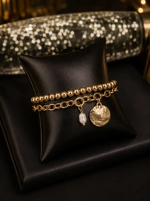 White_Gold_Alloy_Pearl_Layered_Charm_Bracelet_For_Women