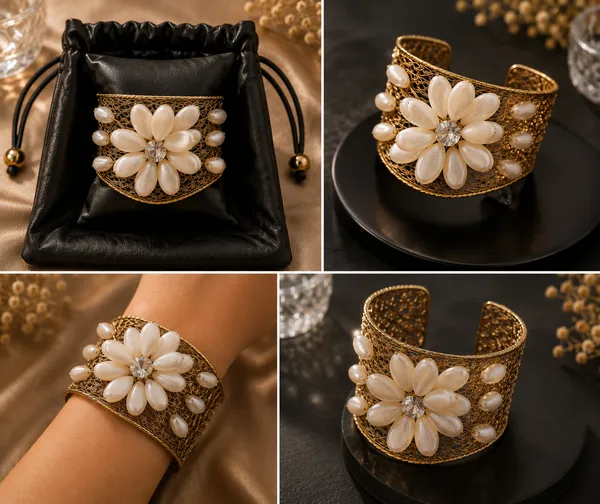 Gold_White_Alloy_Beaded_Open_Cuff_Bracelet_For_Women