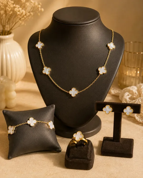 White_Gold_Alloy_Flower_Necklace_Earrings_Ring_Bracelet_Set_For_Women