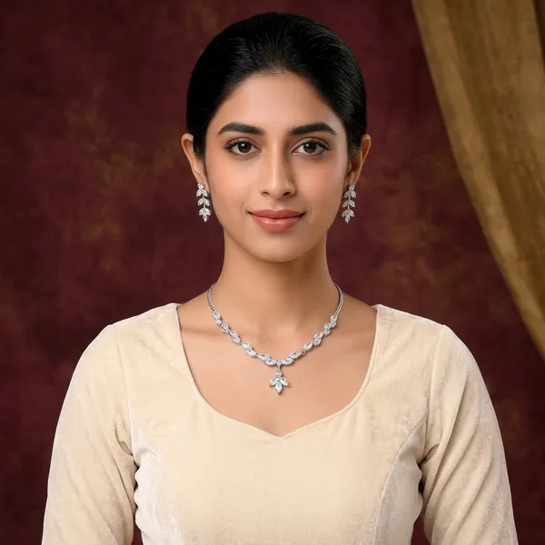 Silver_Tone_Leaf_Crystal_Necklace_And_Earrings_Set_For_Women