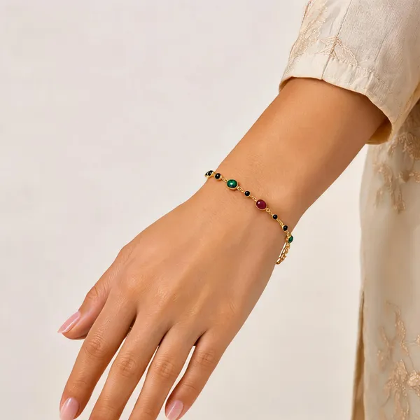Gold_Tone_Green_Red_Black_Bead_Chain_Bracelet_For_Women