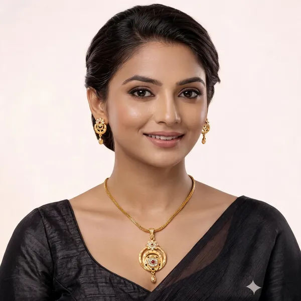 Gold_Tone_Floral_Circular_Pendant_Necklace_And_Earrings_Set_For_Women