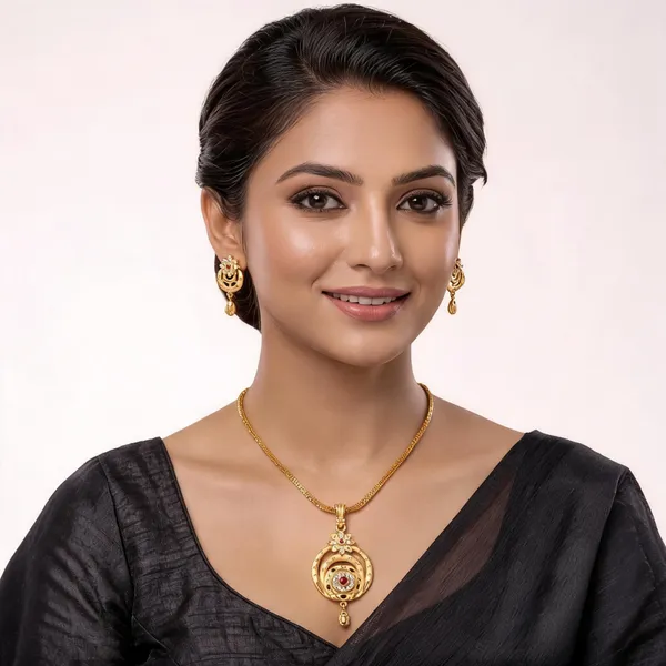 Gold_Tone_Floral_Circular_Pendant_Necklace_And_Earrings_Set_For_Women