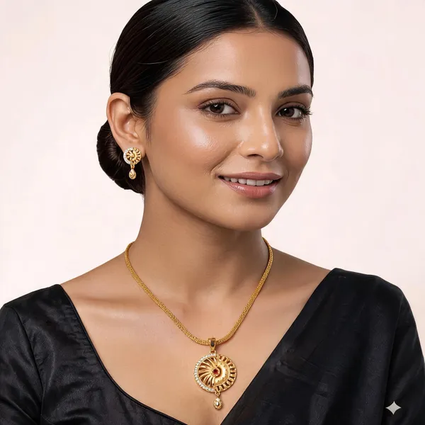 Gold_Tone_Circular_Pendant_Necklace_And_Earrings_Set_For_Women