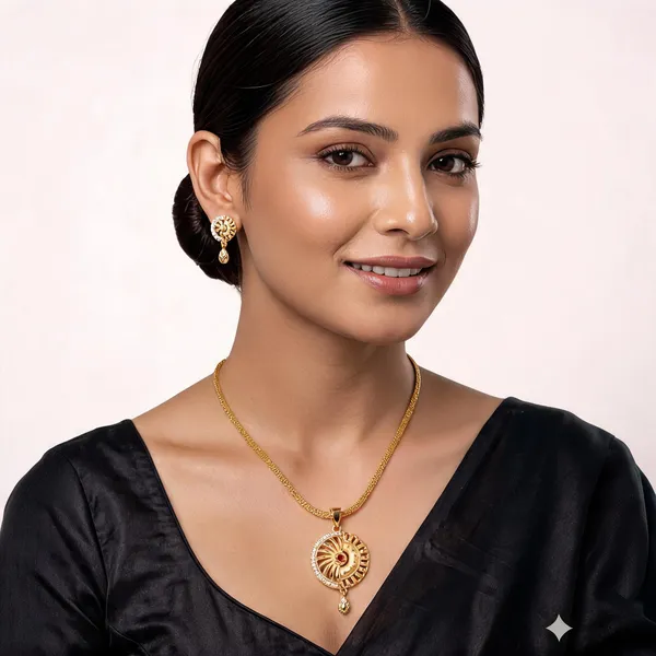 Gold_Tone_Circular_Pendant_Necklace_And_Earrings_Set_For_Women