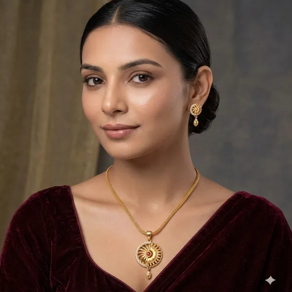 Gold_Tone_Circular_Pendant_Necklace_And_Earrings_Set_For_Women