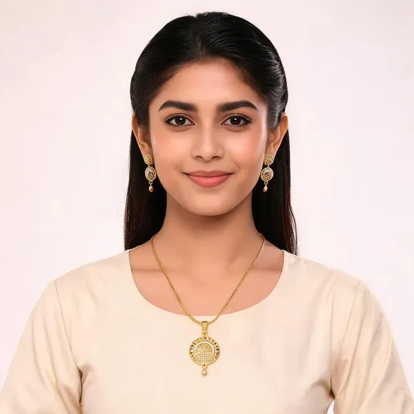 Gold_Tone_Circular_Openwork_Pendant_Necklace_And_Earrings_Set_For_Women