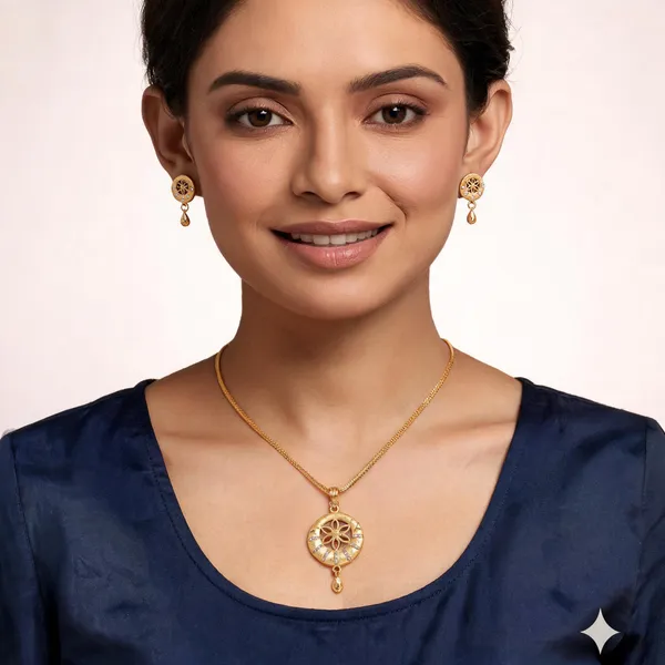 Gold_Tone_Floral_Openwork_Pendant_Necklace_And_Earrings_Set_For_Women