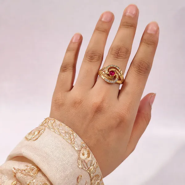 Gold_Tone_Red_Stone_Swirl_Embellished_Ring_For_Women