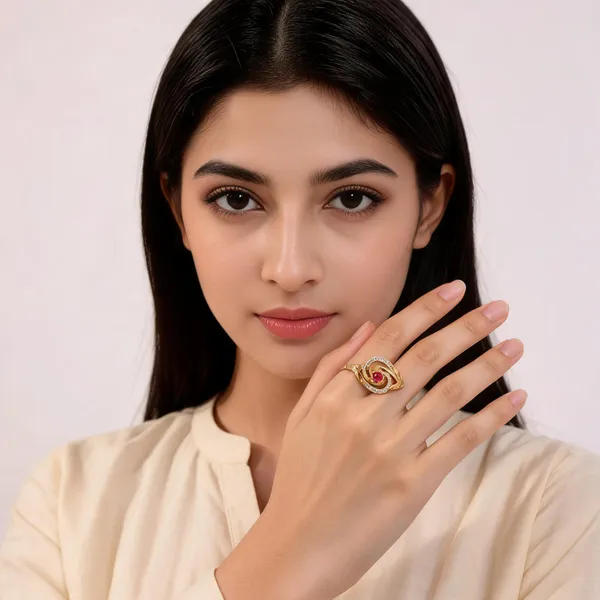 Gold_Tone_Red_Stone_Swirl_Embellished_Ring_For_Women