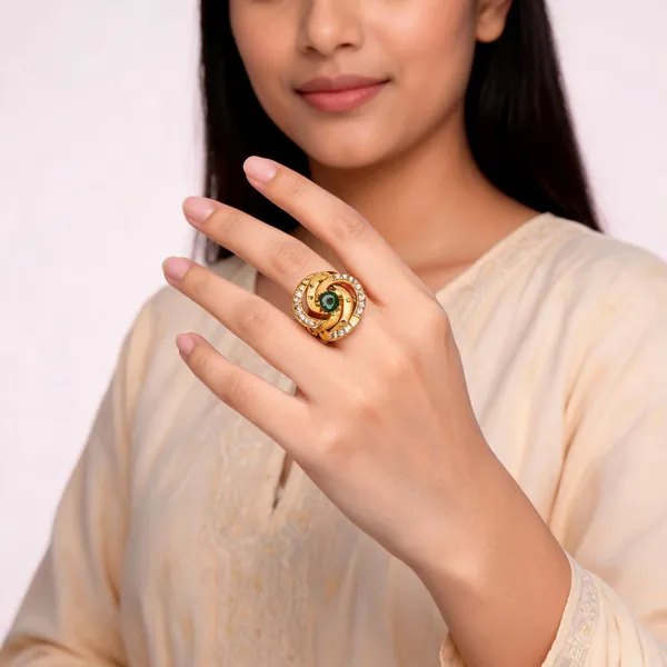 Gold_Tone_Swirl_Openwork_Green_Stone_Ring_For_Women