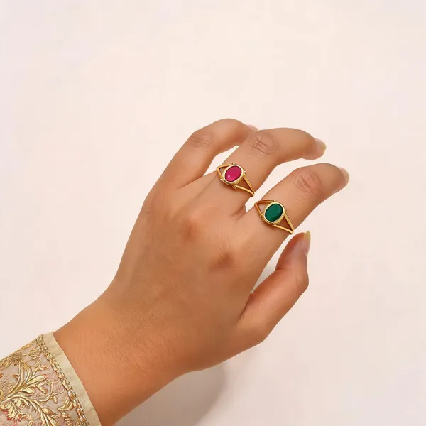 Gold_Tone_Oval_Green_Pink_Stone_Ring_Set_For_Women