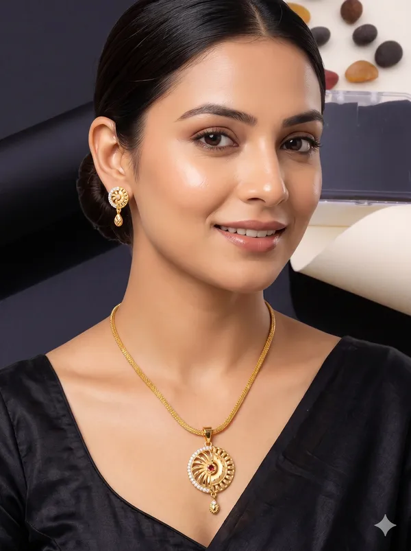 Gold-Tone_Circular_Pendant_Necklace_And_Earrings_Set_for_Women
