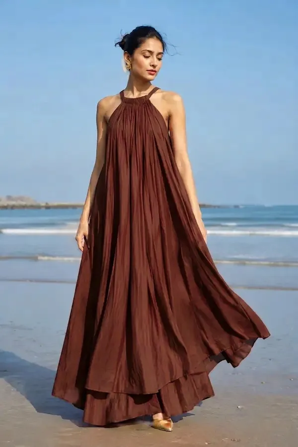 Brown_Pleated_Halter_Neck_Maxi_Dress_For_Women