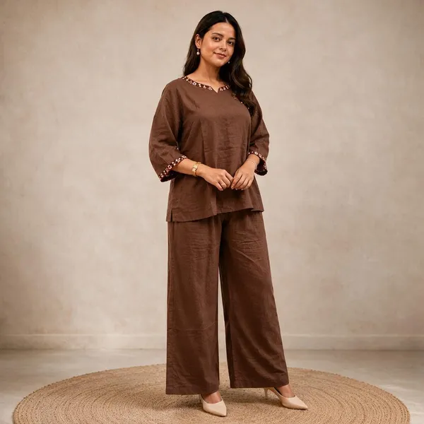Brown_Pure_Linen_Cordset_with_Flower_Embroidery