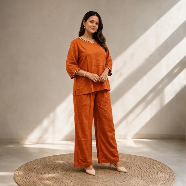 Orange_Pure_Linen_Cordset_with_Flower_Embroidery