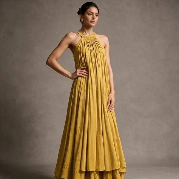 Mustard_Yellow_Pleated_Halter_Neck_Maxi_Dress_For_Women