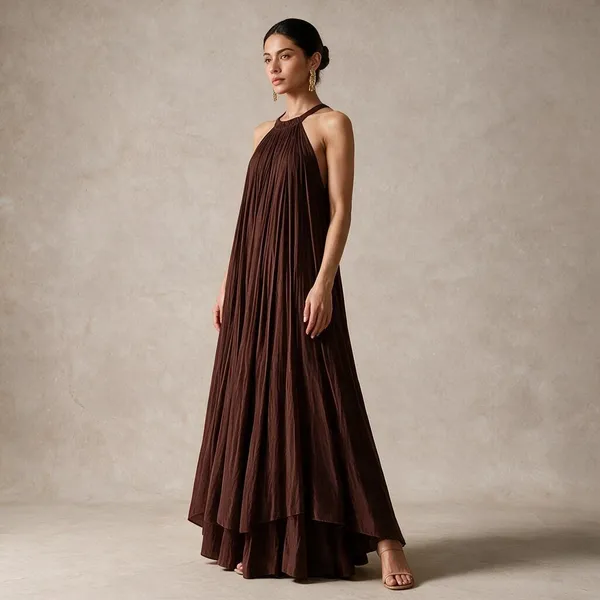 Brown_Pleated_Halter_Neck_Maxi_Dress_For_Women