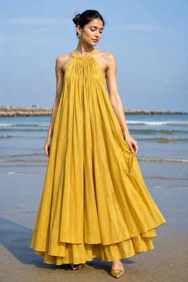 Mustard_Yellow_Pleated_Halter_Neck_Maxi_Dress_For_Women