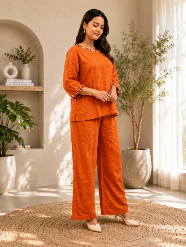 Orange_Pure_Linen_Cordset_with_Flower_Embroidery