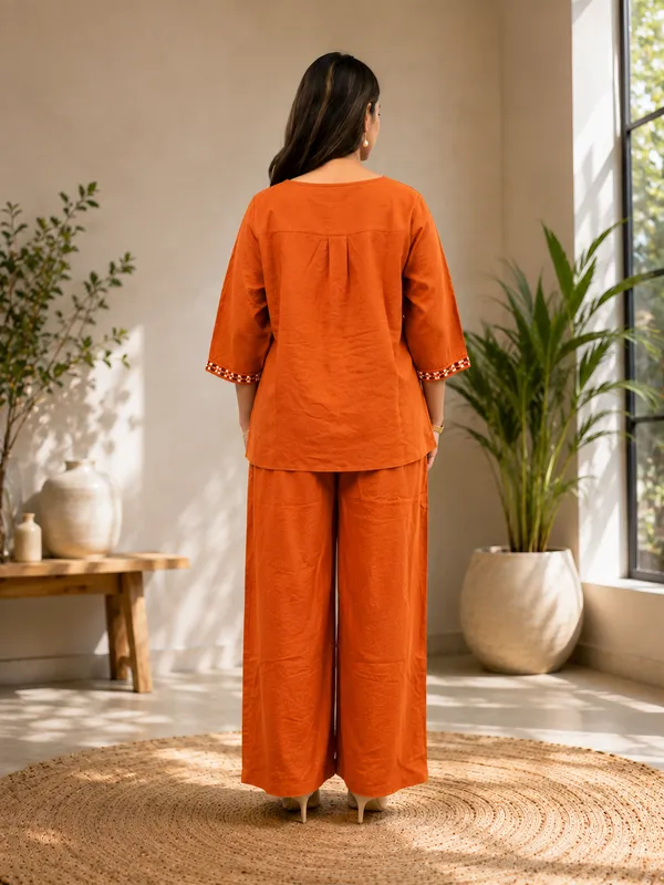 Orange_Pure_Linen_Cordset_with_Flower_Embroidery
