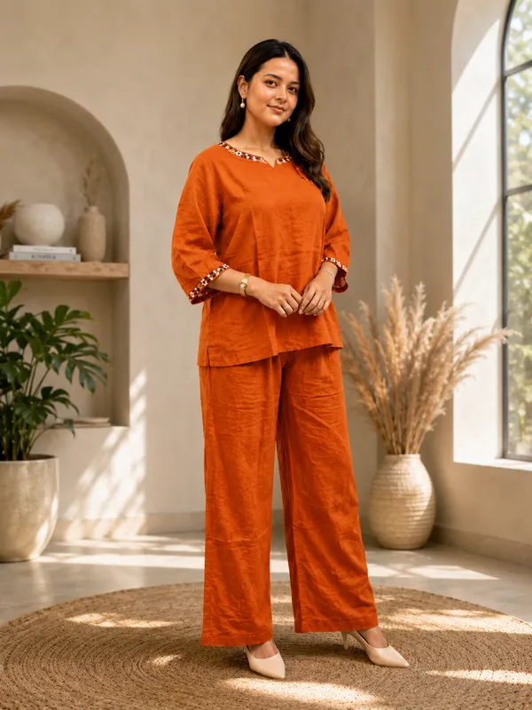 Orange_Pure_Linen_Cordset_with_Flower_Embroidery