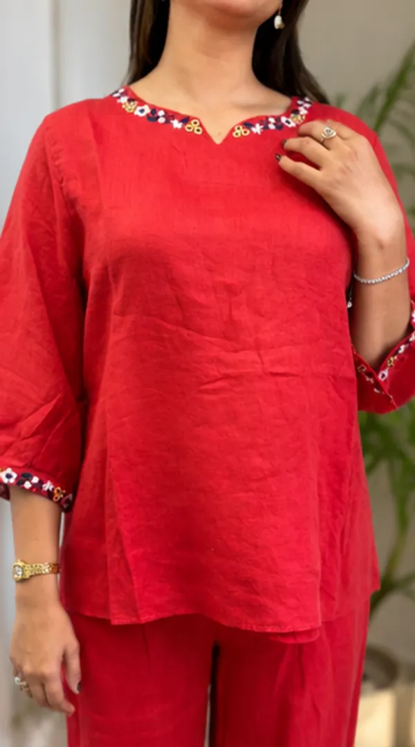 Red_Pure_Linen_Cordset_with_Flower_Embroidery