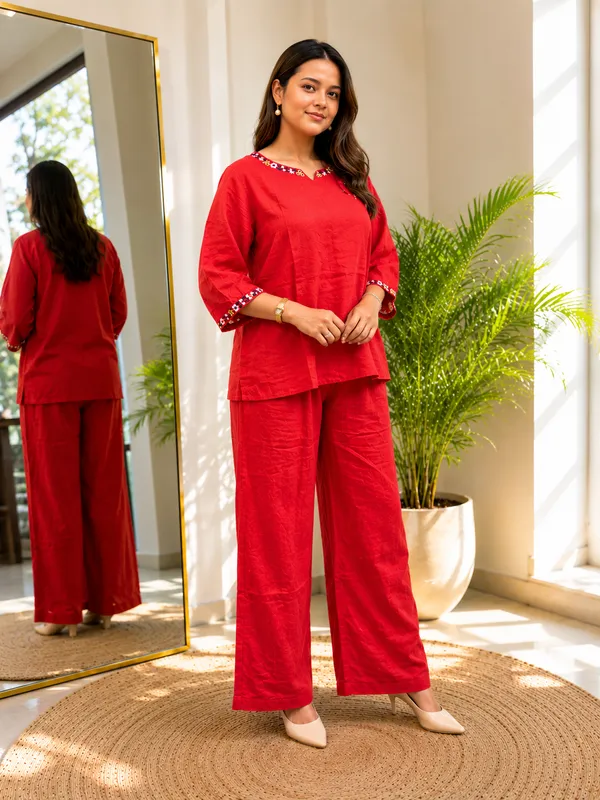 Red_Pure_Linen_Cordset_with_Flower_Embroidery