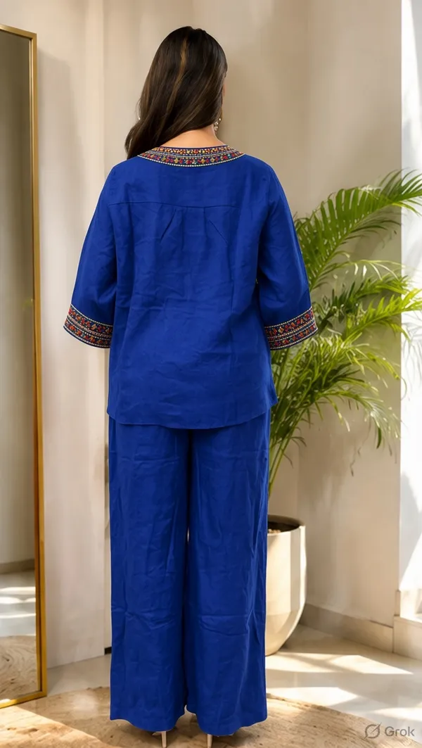 Royal_Blue_Pure_Linen_Cordset_with_Flower_Embroidery