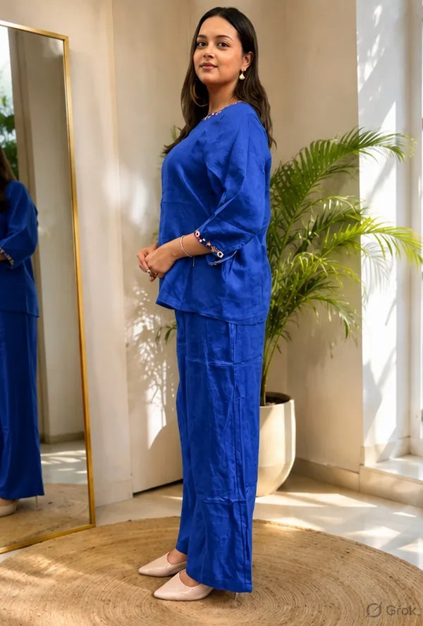 Royal_Blue_Pure_Linen_Cordset_with_Flower_Embroidery