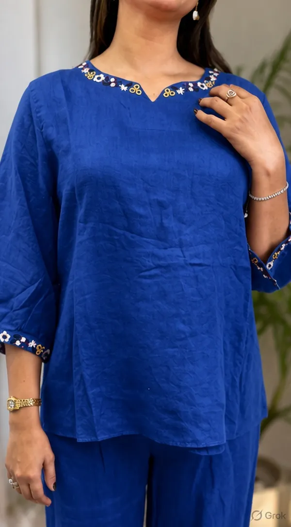 Royal_Blue_Pure_Linen_Cordset_with_Flower_Embroidery