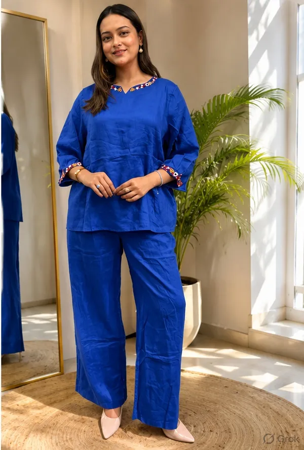 Royal_Blue_Pure_Linen_Cordset_with_Flower_Embroidery