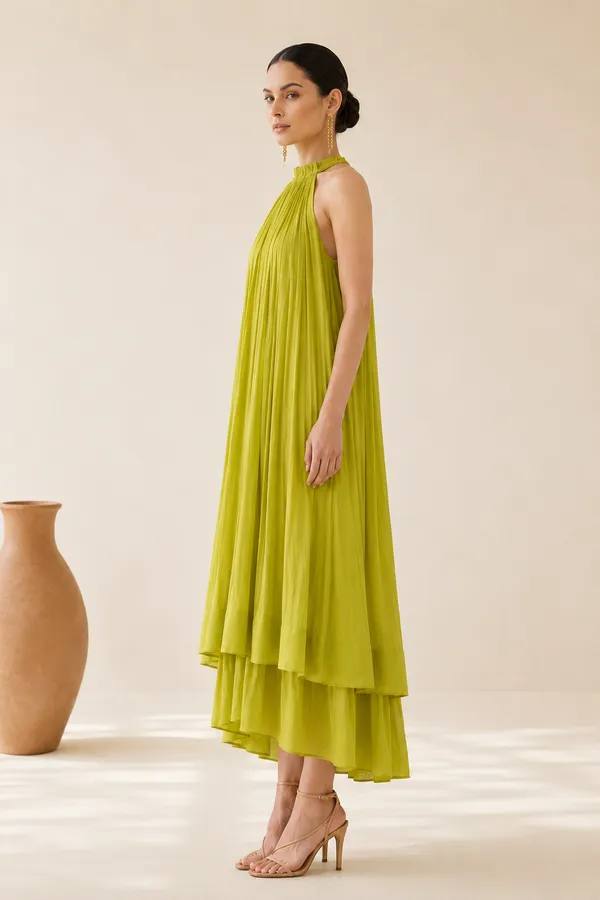 Lime_Green_Pleated_Halter_Neck_Maxi_Dress_For_Women