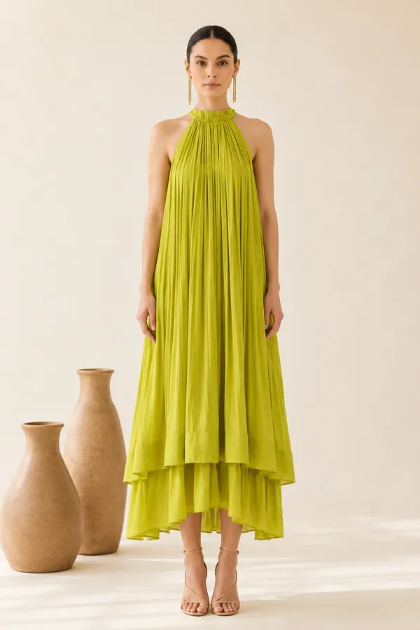 Lime_Green_Pleated_Halter_Neck_Maxi_Dress_For_Women