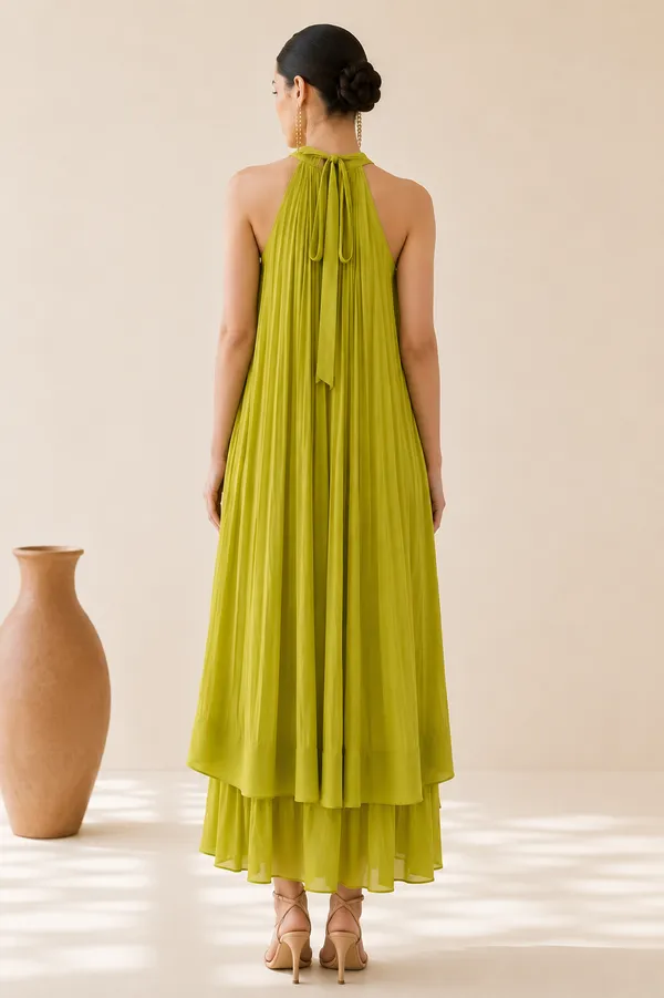 Lime_Green_Pleated_Halter_Neck_Maxi_Dress_For_Women