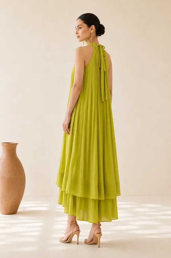 Lime_Green_Pleated_Halter_Neck_Maxi_Dress_For_Women