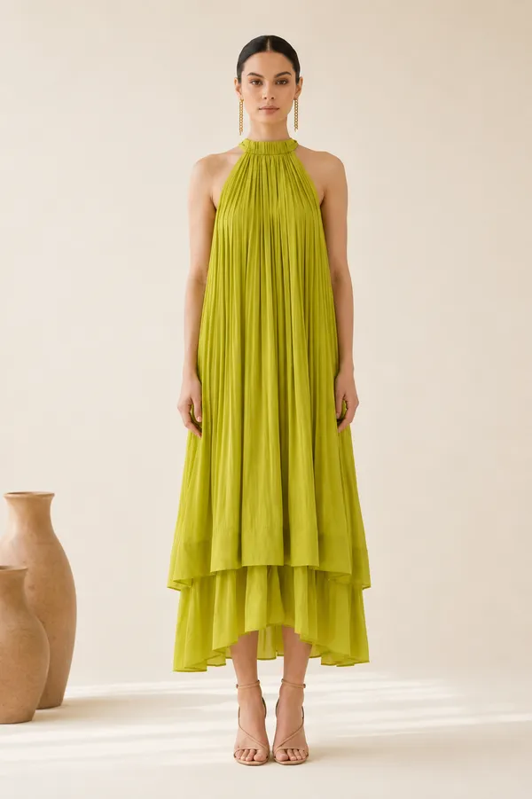 Lime_Green_Pleated_Halter_Neck_Maxi_Dress_For_Women
